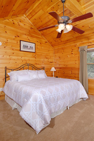 Pigeon Forge Cabin that has a bedroom with a whirl pool and a flat screen television