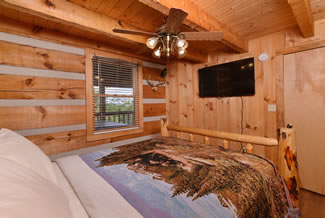 Pigeon Forge One Bedroom Plus Loft Main Level Queen Size Bed in the bedroom with access to the main level bathroom