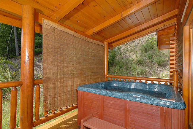 cabin with outdoor hot tub and privacy screen for seclusion