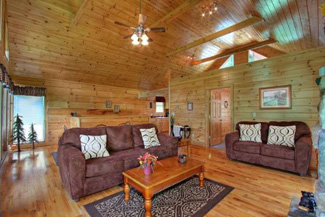 Elegeant log cabin interior with a Fireplace and a Microfiber couch