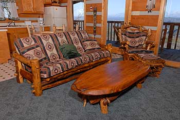 Log sofa and chair set by the fireplace