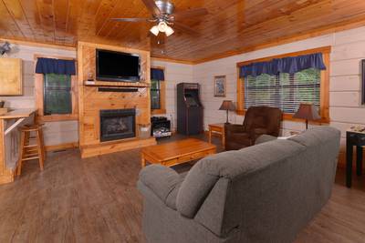 Serenity Ridge living room with seasonal gas fireplace