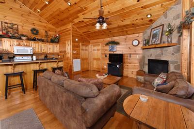 Getaway Mountain Lodge living room and fully furnished kitchen