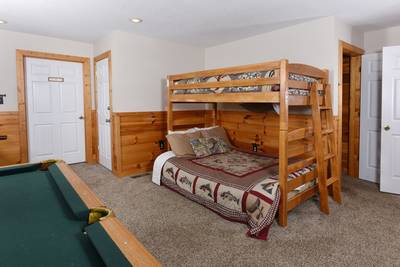 Getaway Mountain Lodge lower level game room with bunk beds