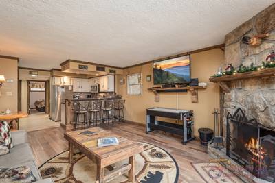 Rustic River living room and fully furnished kitchen
