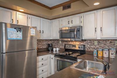 Rustic River fully furnished kitchen with stainless steel appliances