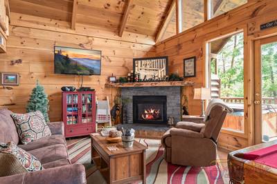 A Walk in the Clouds lower level living room with gas fireplace