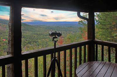 Old Glory covered deck with mountain views