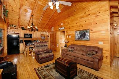 Down by the River living room and kitchen area