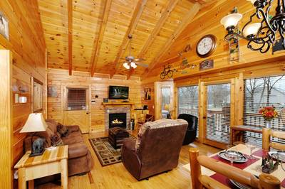 Down by the River living room with gas fireplace