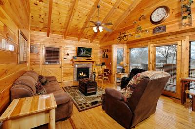Down by the River living room with 40-inch flat screen