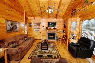 Down by the River living room with seasonal gas log fireplace