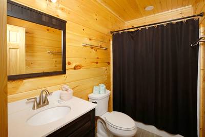 Timber Tree Lodge lower level bathroom with tub/shower combo