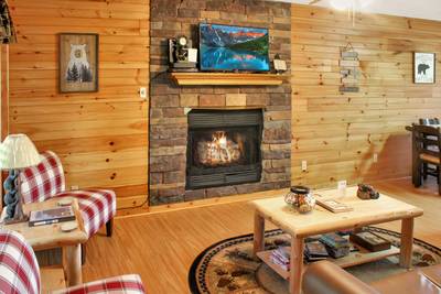Fuzzy Bear living room with seasonal gas fireplace
