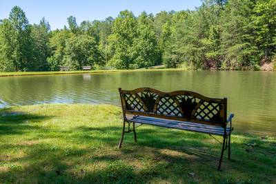 Caney Creek Mountain Area bench next to fishing pond