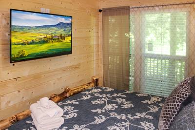 Striking Waters lower level bedroom three with 50-inch flat screen TV