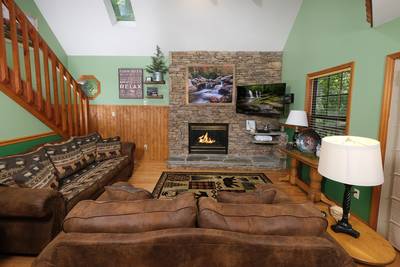 Grandpas Getaway living room with 50-inch flat screen TV