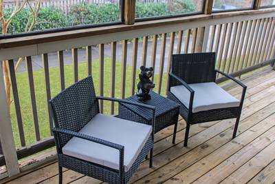 Wolff Lodge screened-in back deck deck with cushioned furniture